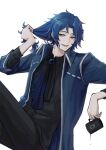  1boy black_pants black_shirt blue_coat blue_gemstone blue_hair chesed_(project_moon) coat collared_coat collared_shirt cup gem highres holding holding_cup holding_own_hair library_of_ruina long_hair long_sleeves male_focus mug pants parted_bangs parted_lips project_moon ruiieru shirt simple_background smile solo white_background 