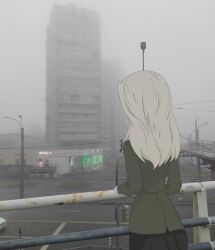  1girl artist_name city clara_(girls_und_panzer) fog green_skirt highres non-web_source parody pravda_school_uniform russia school_uniform skirt white_hair 