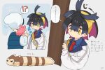  !? 217_shion_407 2boys beanie black_hair blue_shirt closed_mouth collared_shirt commentary_request crossed_bangs crying flying_sweatdrops furret hairband hat highres jacket kieran_(pokemon) long_sleeves male_focus multiple_boys necktie pawmi pokemon pokemon_(creature) pokemon_(game) pokemon_sv red_necktie shirt short_hair spoken_interrobang strap tears thought_bubble translation_request tree vest white_jacket yellow_eyes yellow_hairband zipper_pull_tab 