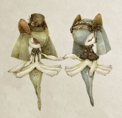  a26g8 alternate_color black_hat blue_hair blue_skin closed_eyes colored_skin frilled_hairband frills green_hair green_skin hair_over_one_eye hairband hat highres holding_hands horns kirlia multicolored_skin pokemon pokemon_(creature) shiny_pokemon sidelocks simple_background two-tone_skin white_skin 