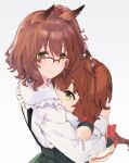  1girl animal_ears aston_machan_(umamusume) brown_hair character_doll chokin-bako_no_futa closed_mouth commentary_request doll ear_ornament frilled_shirt frills glasses green_eyes green_skirt hair_between_eyes hair_ornament holding holding_doll horse_ears horse_girl hugging_doll hugging_object light_blush long_sleeves looking_at_viewer looking_back official_alternate_costume red-framed_eyewear semi-rimless_eyewear shirt short_hair side_ponytail simple_background skirt smile solo umamusume upper_body white_background 