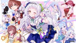  6+girls ;q amane_kanata amane_kanata_(1st_costume) arched_bangs black_hairband blue_bow blue_corset blue_skirt blush bow bowtie collared_shirt cone_hair_bun copyright_notice corset frilled_skirt frills gawr_gura gawr_gura_(1st_costume) gold_trim grey_hair hair_bun hairband hand_up hat hexagram_hair_ornament highres hololive hololive_english hololive_idol_uniform_(bright) hololive_indonesia houshou_marine houshou_marine_(1st_costume) idol_clothes inugami_korone inugami_korone_(1st_costume) jacket kobo_kanaeru kobo_kanaeru_(1st_costume) layered_skirt long_hair looking_at_viewer mini_hat mini_top_hat multiple_girls murasaki_shion official_alternate_costume official_art one_eye_closed puffy_short_sleeves puffy_sleeves sakamata_chloe sakamata_chloe_(1st_costume) sash satoupote shirt short-sleeved_jacket short_eyebrows short_sleeves side_up_bun sidelocks single_side_bun skirt smile solo_focus tilted_headwear tongue tongue_out top_hat underbust usada_pekora usada_pekora_(1st_costume) v v-shaped_eyebrows virtual_youtuber waist_bow white_hat white_jacket white_shirt yellow_eyes 