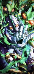  3others armor colored_skin compound_eyes diamond_wa_kudakenai echoes_(stand) echoes_act1 echoes_act2 echoes_act3 green_armor green_skin highres jojo_no_kimyou_na_bouken multiple_others no_humans noonvincent orange_eyes pelvic_curtain stand_(jojo) white_skin 