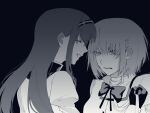  2girls 6217_54_5 ^_^ akemi_homura black_background bow bowtie closed_eyes grin hair_ornament hairband hairclip highres long_hair looking_at_another mahou_shoujo_madoka_magica miki_sayaka mitakihara_school_uniform monochrome multiple_girls school_uniform short_hair simple_background smile v-shaped_eyebrows 