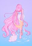  1girl absurdly_long_hair absurdres bare_shoulders barefoot blue_background crescent dress full_body glowing gradient_background highres long_hair meyoco original pink_hair purple_background ripples solo standing strapless strapless_dress very_long_hair white_dress white_rabbit_(animal) 