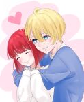  1boy 1girl arima_kana blonde_hair blue_eyes blue_shirt bob_cut closed_mouth collar heart highres hoshino_aquamarine hug hug_from_behind inverted_bob oshi_no_ko redhead shirt short_hair smile upper_body watano_yuki white_collar white_shirt 