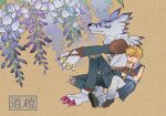  1boy 1other belt blonde_hair blue_pants blue_sleeves blue_tunic brown_background brown_belt closed_eyes detached_sleeves digimon digimon_(creature) earrings flower grey_pants highres ishida_yamato jewelry pants purple_flower roseepdl2 sharp_teeth short_hair simple_background sitting sleeveless teeth translation_request weregarurumon werewolf wisteria 