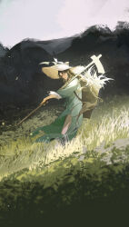  1boy absurdres backpack_basket brown_eyes brown_hair chinese_clothes chinese_commentary closed_mouth foliage full_body grass green_hanfu green_ribbon hair_ribbon han_muchun hanfu hat highres hoe holding_hoe liu_yao long_hair long_sleeves low-tied_long_hair male_focus mingtiantian mountain outdoors pants ribbon smile solo standing straw_hat white_pants 