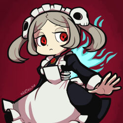  1girl apron black_dress bloody_marie_(skullgirls) blue_fire brooch closed_mouth commentary_request dress fire frown grey_hair half-closed_eyes highres jewelry long_sleeves maid_headdress osarunoonsen outstretched_arm parted_bangs red_background skull_in_eye skullgirls solo translation_request twintails white_apron 