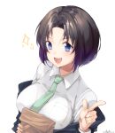  1girl bag black_hair black_jacket blue_eyes blush cckali elma_(maidragon) food green_necktie highres jacket kobayashi-san_chi_no_maidragon long_sleeves looking_at_viewer necktie open_mouth paper_bag shirt short_hair smile solo white_shirt 