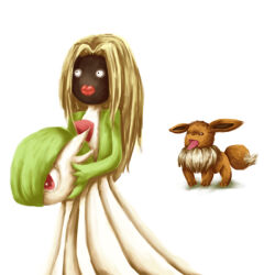  a26g8 black_skin blonde_hair brown_fur colored_skin costume dress eevee gardevoir jynx pokemon pokemon_(creature) red_lips simple_background tongue tongue_out white_background white_dress 