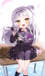  1girl :d alternate_costume black_sailor_collar black_serafuku black_shirt black_skirt black_socks blush commentary_request cone_hair_bun desk falling_petals floating_hair flower grey_hair hair_bun highres holding hololive long_hair long_sleeves looking_at_viewer murasaki_shion noi_mine on_desk open_mouth petals pleated_skirt purple_flower sailor_collar school_desk school_uniform serafuku shirt single_side_bun sitting skirt smile socks solo virtual_youtuber yellow_eyes 