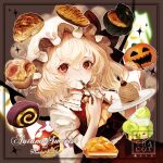  1girl artist_name ascot blonde_hair blush bread closed_mouth collared_shirt fingernails flandre_scarlet food fork hair_between_eyes hat holding holding_fork jack-o&#039;-lantern long_fingernails long_hair mob_cap mochacot nail_polish one_side_up puffy_short_sleeves puffy_sleeves red_eyes red_nails red_skirt red_vest sharp_fingernails shirt short_sleeves skirt smile solo touhou vest white_headwear white_shirt yellow_ascot 