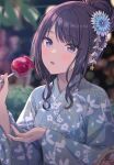  1girl :o absurdres black_hair blue_kimono blurry blurry_background blush bokeh breasts candy candy_apple commentary_request depth_of_field floral_print food hair_bun highres holding holding_candy holding_food idolmaster idolmaster_shiny_colors japanese_clothes kazano_hiori kimono looking_at_viewer mole mole_under_mouth momomoi_momoi outdoors sidelocks single_hair_bun small_breasts solo upper_body violet_eyes yukata 