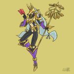  1girl absurdres armor artist_name card digimon digimon_(creature) fox_mask full_body highres holding holding_card long_hair mask sakuyamon simple_background solo vcarneirito watermark white_hair yellow_background yin_yang 