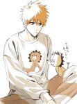  1boy bleach brown_eyes brown_pants feet_out_of_frame highres kon_(bleach) konetaa kurosaki_ichigo long_sleeves looking_at_another male_focus orange_hair pants short_hair sitting solo spiky_hair stuffed_animal stuffed_lion stuffed_toy sweater 