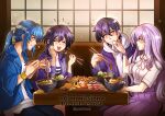  2boys 2girls black_hair blue_eyes blue_hair brother_and_sister chopsticks commission eating english_text fire_emblem fire_emblem:_genealogy_of_the_holy_war food grey_eyes gzei hair_between_eyes headband heart holding holding_chopsticks jacket julia_(fire_emblem) larcei_(fire_emblem) long_hair multiple_boys multiple_girls napkin noodles open_mouth ponytail purple_hair ramen scathach_(fire_emblem) seiza seliph_(fire_emblem) siblings sidelocks sitting sushi takoyaki tumblr_username twins watermark wiping_mouth 