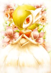  a26g8 bob_cut dress elbow_gloves floral_background flower gardevoir gloves green_hair hair_over_one_eye mega_gardevoir mega_pokemon pink_eyes pokemon pokemon_(creature) smile white_dress white_gloves 