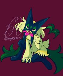  1other :p animal_hands animal_nose cape claws flower full_body furry green_fur green_hair half-closed_eyes highres looking_at_viewer mask meowscarada negoto_o0zz other_focus pink_flower pokemon pokemon_(creature) red_background red_eyes short_hair short_tail simple_background solo squatting tail tongue tongue_out two-tone_fur 