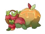  apple appletun applin basket closed_mouth commentary english_commentary food fruit highres looking_at_another mjoyart no_humans pokemon pokemon_(creature) simple_background smile white_background 
