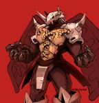  1other armor artist_name chaosgreymon claws digimon digimon_(creature) horns j3rry1ce male_focus no_humans red_background simple_background solo wings 