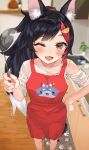  1girl ;d animal_ear_fluff animal_ears apron black_hair blurry blurry_background blush fang hair_ornament hairpin hand_on_own_hip hand_up highres holding holding_ladle hololive indoors kitchen ladle long_hair multicolored_hair one_eye_closed ookami_mio open_mouth red_apron redhead ryamuchan shirt skin_fang smile solo streaked_hair tail virtual_youtuber white_shirt wolf_ears wolf_girl wolf_tail yellow_eyes 