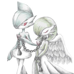  a26g8 angel_wings bob_cut bound bound_wrists chain chain_leash colored_skin dress gallade gardevoir green_hair green_skin hair_over_one_eye leash multicolored_skin one_eye_closed pink_eyes pokemon pokemon_(creature) simple_background two-tone_skin white_background white_dress white_skin wings 