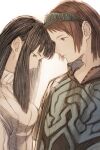  1boy 1girl black_hair brown_hair closed_mouth dress hair_ornament long_hair maekakekamen mono_(shadow_of_the_colossus) poncho shadow_of_the_colossus simple_background surcoat wander_(shadow_of_the_colossus) white_background 