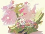  absurdres blurry closed_eyes closed_mouth commentary flower from_side fukkatsu_no_maya highres iron_leaves no_humans pink_flower pokemon pokemon_(creature) solo sparkle white_flower 