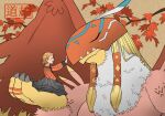  1girl 1other black_skirt blonde_hair closed_eyes digimon digimon_(creature) garudamon highres leaf long_hair mask open_mouth orange_hair red_shirt roseepdl2 shirt short_hair skirt takenouchi_sora wings 