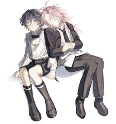  2boys absurdres aged_down alternate_costume antenna_hair black_bow black_bowtie black_hair black_jacket black_necktie black_pants black_shoes black_shorts black_socks blush bow bowtie chinese_commentary chunaizhanshi23057 closed_eyes closed_mouth collared_shirt commentary_request crossed_bangs frills grey_eyes hair_between_eyes hatsutori_hajime highres invisible_chair jacket kneehighs legwear_garter long_hair long_sleeves male_focus multiple_boys necktie open_clothes open_jacket own_hands_together pants pink_hair saibou_shinkyoku shirt shoes short_hair shorts simple_background sitting smile socks sweat utsugi_noriyuki white_background white_shirt 