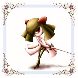  a26g8 colored_skin green_hair green_skin hair_over_one_eye holding holding_sword holding_weapon horns kirlia multicolored_skin pokemon pokemon_(creature) rapier sidelocks simple_background sword two-tone_skin weapon white_skin 