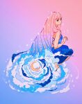  1girl absurdres bare_legs barefoot black_eyes blue_background blue_dress blue_hair clouds crescent_moon dress expressionless gradient_background gradient_hair highres long_hair meyoco moon multicolored_hair no_nose original pink_background pink_hair purple_hair sleeveless sleeveless_dress solo very_long_hair 