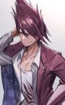  1boy absurdres bojue_(hakus_1128) collarbone danganronpa_(series) danganronpa_v3:_killing_harmony facial_hair frown goatee grey_background grey_shirt hand_in_own_hair highres jacket long_hair long_sleeves male_focus momota_kaito open_clothes open_jacket open_shirt pink_jacket print_shirt shirt simple_background solo spiky_hair sweatdrop upper_body white_shirt 
