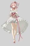  1girl absurdres bare_shoulders bloomers blush bouquet bow breasts choker closed_mouth detached_sleeves dress flower grey_background hair_flower hair_ornament highres holding holding_bouquet lai_dou_laile_555 light_smile looking_at_viewer medium_hair nijisanji nijisanji_en pink_eyes pink_hair plant red_bow red_flower red_ribbon red_rose ribbon rose rosemi_lovelock see-through see-through_sleeves short_sidetail simple_background small_breasts solo thorns underwear vines white_choker white_dress white_flower white_rose 