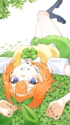  1girl arms_up black_shoes black_socks blue_eyes bow bowtie clover collared_shirt commentary dated_commentary four-leaf_clover four-leaf_clover_day full_body go-toubun_no_hanayome green_bow green_bowtie green_ribbon green_skirt hair_ribbon kneehighs loafers looking_at_viewer lying mi8pq nakano_yotsuba on_back orange_hair pleated_skirt ribbon school_uniform shirt shoes short_sleeves skirt socks solo sweater_vest thighs white_shirt yellow_sweater_vest 