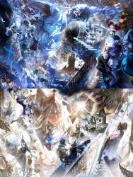  1girl 3boys :d apple_hair_ornament ascot black_sapphire_cookie blonde_hair blue_dress blue_hair blue_skin candy_apple_cookie candy_apple_hair_ornament colored_skin cookie_run cookie_run:_kingdom crown_hat dress facial_mark flower food-themed_hair_ornament forehead_mark hair_ornament hand_on_own_chest hat heterochromia highres holding holding_staff humanization long_hair long_sleeves looking_at_another male_focus multicolored_hair multiple_boys painting_(object) pcacao pointy_hat pure_vanilla_cookie railing robe rose shadow_milk_cookie short_hair smile staff stairs two-tone_hair white_flower white_hat white_robe white_rose 