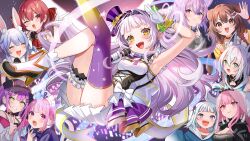  6+girls :d animal_ears arched_bangs arm_up back_bow boots bow bow_skirt breasts cat_ears cat_girl commentary_request cone_hair_bun crescent_print cross-laced_clothes dog_ears dog_girl dog_tail fold-over_boots fox_ears fox_girl frilled_sleeves frilled_thigh_strap frills gawr_gura gawr_gura_(1st_costume) gloves gold_trim grey_hair hair_bun hairband hat hexagram_hair_ornament high_heel_boots high_heels highres holding holding_microphone hololive hololive_english hololive_idol_uniform_(origin) houshou_marine houshou_marine_(1st_costume) idol_clothes inugami_korone inugami_korone_(1st_costume) large_bow long_hair looking_at_viewer microphone minato_aqua minato_aqua_(1st_costume) mini_hat mini_top_hat miniskirt mori_calliope mori_calliope_(1st_costume) multiple_girls murasaki_shion nekomata_okayu nekomata_okayu_(1st_costume) official_alternate_costume official_art open_mouth overskirt pleated_skirt print_thighhighs purple_hat rabbit_ears rabbit_girl satoupote shirakami_fubuki shirakami_fubuki_(1st_costume) shirt short_eyebrows side_up_bun sidelocks single_side_bun single_thighhigh skirt skirt_set sleeveless sleeveless_shirt small_breasts smile star_(symbol) star_print tail teeth thigh-highs thigh_strap tilted_headwear tokoyami_towa tokoyami_towa_(1st_costume) top_hat upper_teeth_only usada_pekora usada_pekora_(1st_costume) virtual_youtuber white_boots white_bow white_gloves white_shirt white_skirt wrist_cuffs yellow_eyes 