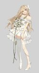 1girl absurdres bare_shoulders blonde_hair blush bouquet breasts butterfly_hair_ornament dress flower green_ribbon grey_background hair_flower hair_ornament high_heels highres holding holding_bouquet lai_dou_laile_555 long_hair looking_at_viewer nijisanji nijisanji_en open_mouth pomu_rainpuff red_eyes ribbon simple_background single_thighhigh small_breasts smile solo thigh-highs white_dress white_footwear 