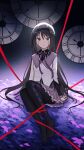  1girl absurdres akemi_homura argyle argyle_legwear black_hair black_hairband black_pantyhose blood blood_from_eyes clock facing_viewer full_body hairband highres long_hair long_sleeves mahou_shoujo_madoka_magica mahou_shoujo_madoka_magica_(anime) neck_ribbon no_shoes nyanko960121 on_floor pantyhose parted_lips purple_ribbon purple_skirt red_ribbon ribbon shirt sitting skirt solo violet_eyes white_shirt 