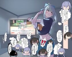  3girls :3 black_shirt blunt_bangs bow bowtie brown_eyes commentary_request gotland_(kancolle) green_skirt grey_hair hair_ribbon head_only highres jagaimo_gang kantai_collection karaoke long_hair microphone midriff multiple_girls orange_bow orange_bowtie pleated_skirt ponytail ribbon sailor_collar school_uniform sendai_(kancolle) sendai_kai_ni_(kancolle) serafuku shirt skirt stretching television translation_request white_sailor_collar yuubari_(kancolle) 