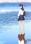  1girl a.x. bag battery_indicator blue_sailor_collar blue_skirt brown_hair dated day highres holding holding_clothes holding_footwear legs original outdoors ponytail reflection reflective_water sailor_collar school_bag school_uniform skirt soaking_feet solo viewfinder water 