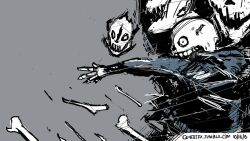 1boy 2015 2d artist_name black_shorts blue_jacket bone digital_media fighting_stance gasterblaster grey_background highres humanoid jacket male male_focus male_only monster monster_boy negative_space open_jacket painttool_sai_(medium) qwertfx sans_(undertale) shorts simple_background skeleton skull solo teeth tumblr_username two-tone_background undead undertale utdr_(toby_fox) wallpaper