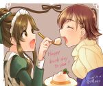  2girls apron artist_name brown_background brown_eyes brown_hair closed_eyes dated earrings english_text feeding food fork happy_birthday holding holding_fork honda_mio idolmaster idolmaster_cinderella_girls jewelry maid_apron maid_headdress multiple_girls open_mouth plate pudding short_hair sweater takamori_aiko upper_body yoyotu 