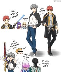  ahoge artoria_pendragon_(fate) black_jacket blonde_hair braid braided_bun caelus_(honkai:_star_rail) ea_(fate) emiya_shirou fate/stay_night fate_(series) gilgamesh_(fate) green_eyes hair_bun hair_ribbon highres honkai_(series) jacket kulojawa matou_sakura multiple_girls open_clothes open_jacket purple_hair red_ribbon ribbon saber_(fate) seele_(honkai:_star_rail) trailblazer_(honkai:_star_rail) violet_eyes white_jacket wise_(zenless_zone_zero) 