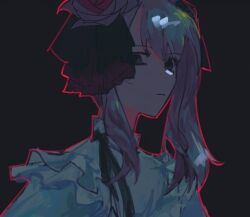  1other akiyama_mizuki bow closed_mouth dress expressionless flower frills hair_flower hair_ornament hair_ribbon keikyoku_no_machi_wa_doko_e_(project_sekai) long_hair long_sleeves looking_at_viewer nanami_77m official_alternate_costume pink_eyes pink_hair project_sekai ribbon shirt side_ponytail sidelocks simple_background solo upper_body white_dress 