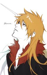  1boy bleach brown_eyes fur_trim highres horns konetaa kurosaki_ichigo long_hair male_focus orange_hair parted_lips single_horn solo tensa_zangetsu_(bankai) upper_body 