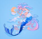  1girl blue_background blue_theme breasts clouds commentary crater crescent_moon english_commentary gradient_hair highres long_hair medium_breasts mermaid meyoco midriff monster_girl moon multicolored_hair original pink_hair profile shadow simple_background solo very_long_hair 