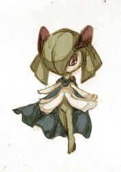  a26g8 blue_cape cape colored_skin green_hair green_skin hair_over_one_eye horns kirlia multicolored_skin pink_eyes pokemon pokemon_(creature) sidelocks simple_background two-tone_skin white_background white_skin 