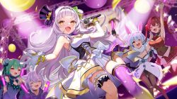  6+girls :d animal_ears arched_bangs back_bow balloon bow bow_skirt breasts cat_ears cat_girl commentary_request concert cone_hair_bun confetti crescent_print cross-laced_clothes frilled_sleeves frilled_thigh_strap frills gloves gold_trim grey_hair hair_bun hairband hat hexagram_hair_ornament highres holding holding_microphone hololive hololive_idol_uniform_(origin) houshou_marine houshou_marine_(1st_costume) idol_clothes large_bow long_hair looking_at_viewer microphone mini_hat mini_top_hat miniskirt multiple_girls murasaki_shion nekomata_okayu nekomata_okayu_(1st_costume) official_alternate_costume official_art open_mouth overskirt pleated_skirt print_thighhighs purple_hat rabbit_ears rabbit_girl satoupote screen screen_zoom shirt short_eyebrows side_up_bun sidelocks single_side_bun single_thighhigh skirt skirt_set sleeveless sleeveless_shirt small_breasts smile spotlight star_(symbol) star_print thigh-highs thigh_strap tilted_headwear top_hat uruha_rushia uruha_rushia_(1st_costume) usada_pekora usada_pekora_(1st_costume) virtual_youtuber white_bow white_gloves white_shirt white_skirt wrist_cuffs yellow_eyes 